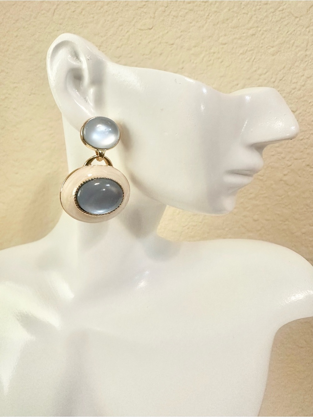 14k Gold-Plated Drop Earrings with Pale Blue Cabochons and Cream Accents